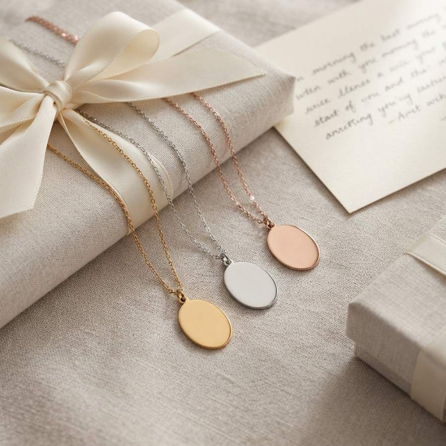 Three oval pendant necklaces in gold, silver, and rose gold tones are draped over a cream-colored gift box tied with a satin ribbon, alongside a handwritten card and a small gift box on a neutral fabric surface.