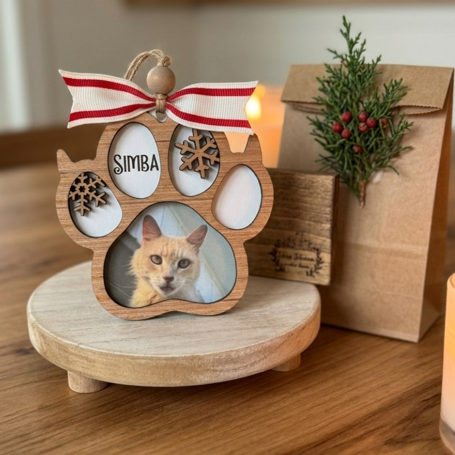 A wooden paw-shaped photo ornament with a red and white striped ribbon, displayed on a small round wooden stand. The ornament has four oval photo slots and laser-cut wooden paw-print details, with the name 'SIMBA' printed on one slot.