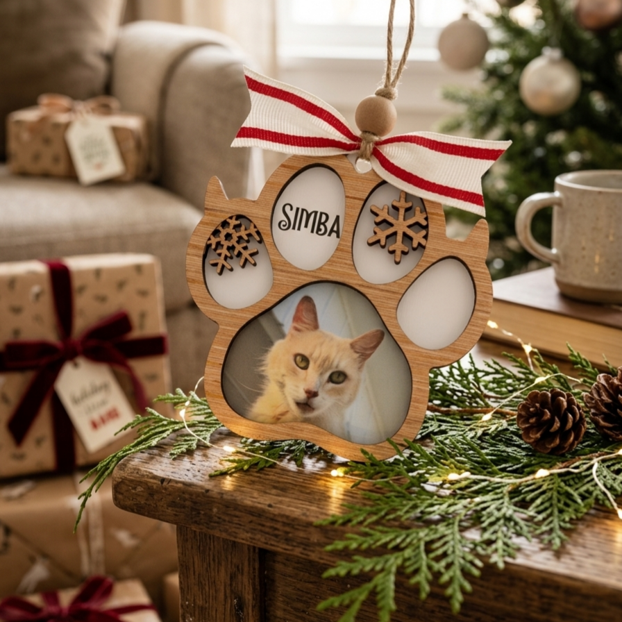 A wooden paw-shaped hanging ornament with a red and white striped ribbon at the top, displayed on a holiday table with evergreen branches, pinecones, and string lights. The center of the ornament has a photo slot showing a cat, and the surrounding spots are engraved with the word 'SIMBA' and decorative snowflake and tree designs.