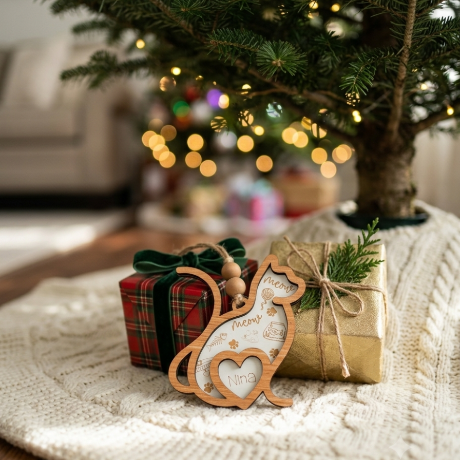 A wooden cat-shaped Christmas ornament with a heart-shaped name cutout in the center, displayed on top of two wrapped gift boxes under a softly blurred Christmas tree.