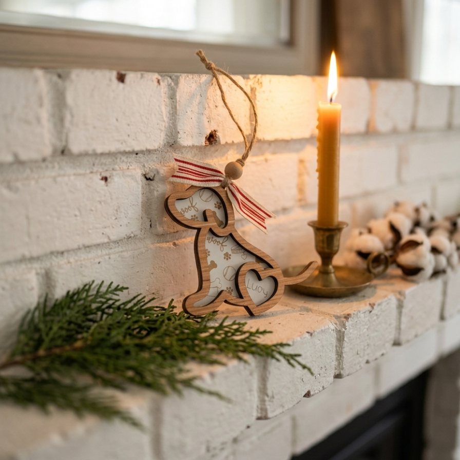 A wooden dog-shaped holiday ornament with a red and white striped ribbon bow hangs on a white brick fireplace mantel beside a lit candle, with green pine branches and cotton bolls as decor.