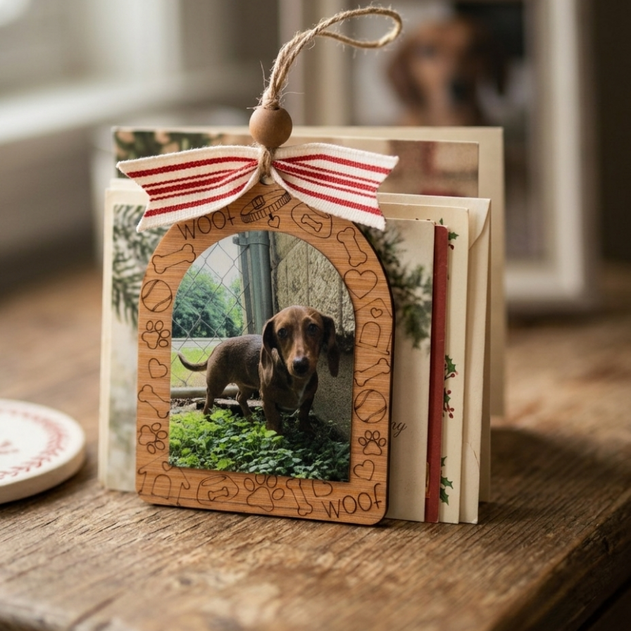 A decorative wooden ornament with an arched top, engraved with paw prints and the word 'WOOF', holding a photo of a dachshund. It hangs from a red-and-white striped ribbon bow with a wooden bead, displayed on a rustic wooden surface.