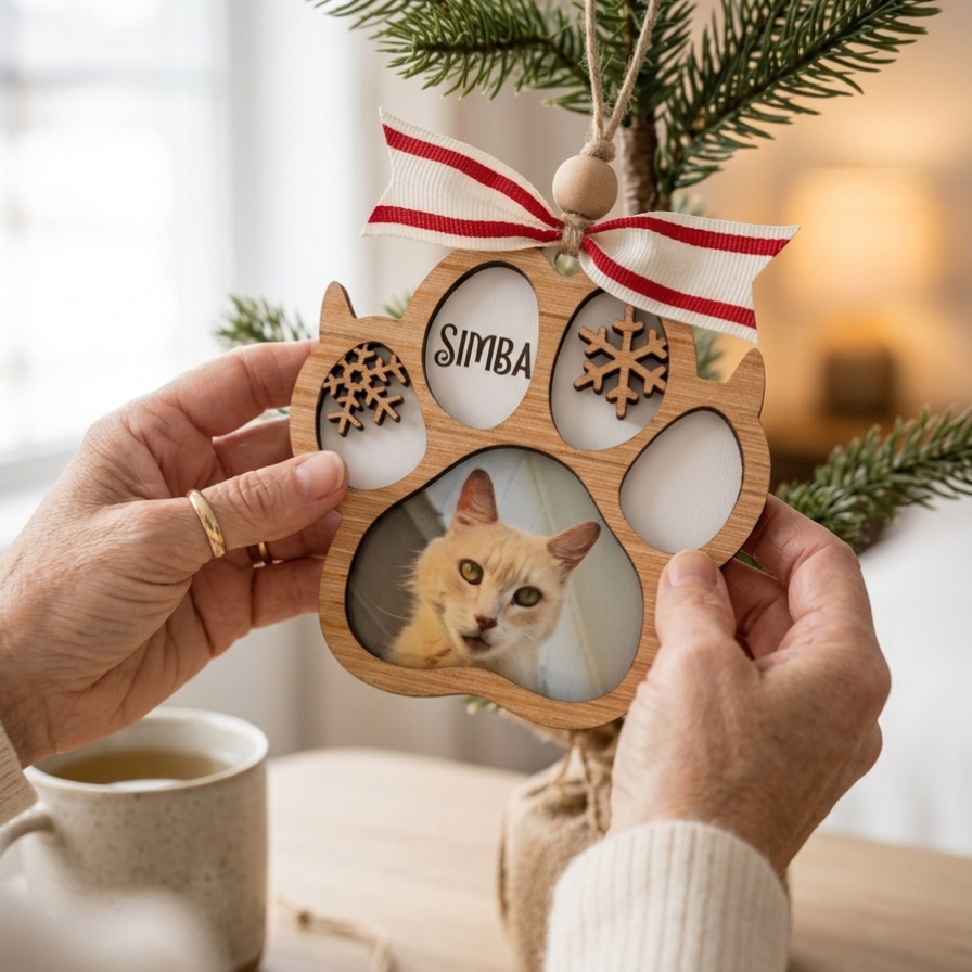 A wooden paw-shaped Christmas ornament being held by two hands, featuring cutout sections with a photo of a ginger cat, the name 'SIMBA', laser-cut snowflakes, and a red-and-white striped ribbon at the top. The background shows a cozy holiday scene with pine branches and a warm blurred interior.