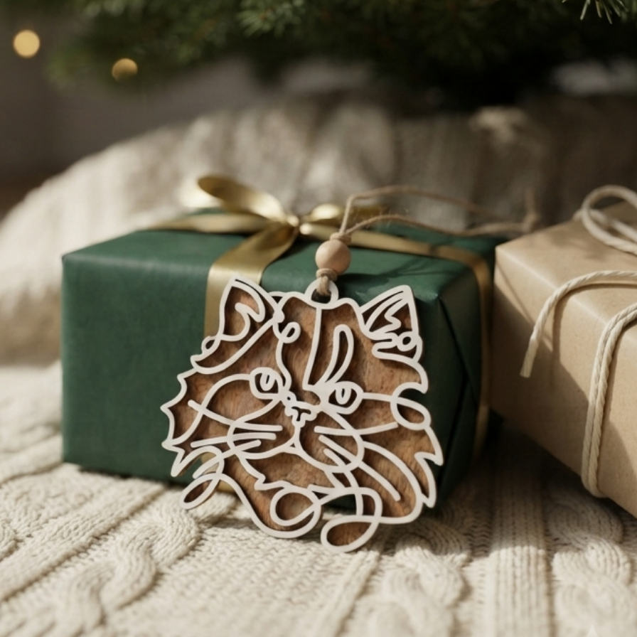 A decorative wooden cat-shaped ornament with cutout facial features hangs from a green gift box wrapped with a gold ribbon, set on a cream cable-knit blanket with other wrapped presents in the background.