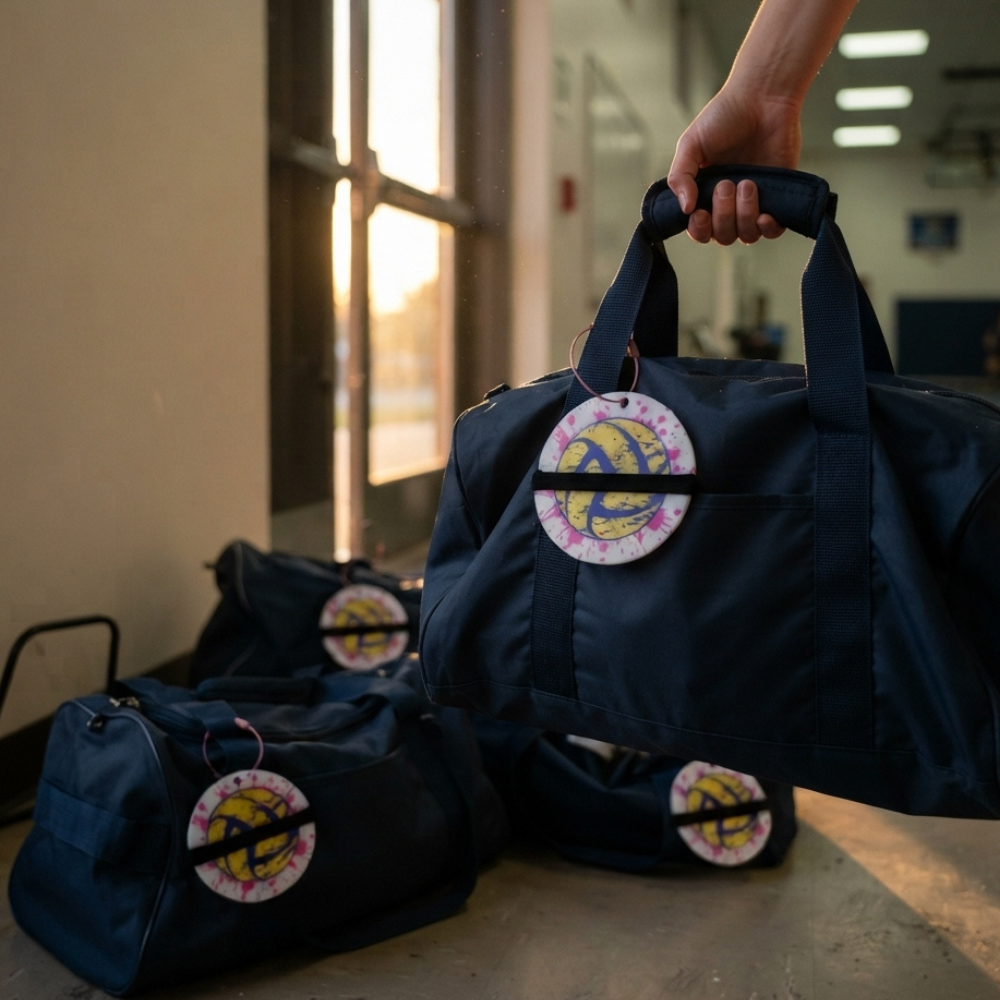 A navy blue duffel bag with a circular tie-dye patch featuring a yellow and blue graphic, held by a hand in an indoor setting. Two more matching bags are visible on the floor in the background.