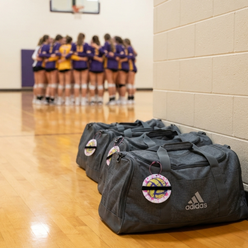 Several dark gray Adidas duffel bags are lined up on a wooden gym floor against a beige brick wall, with a blurred group of female athletes in a huddle in the background on the court.