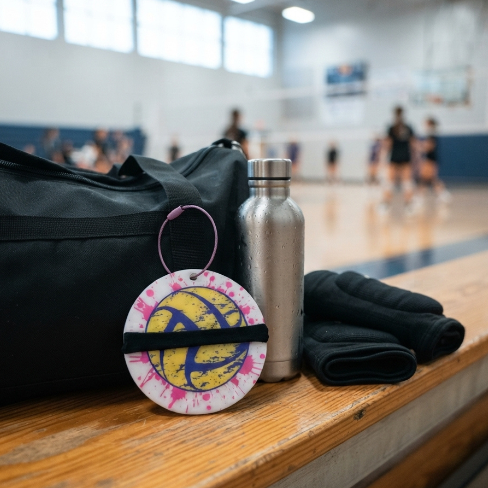 A round white and pink tie-dye volleyball-themed carabiner clip holding a black band, displayed on a wooden gym bench next to a black duffel bag, a silver water bottle, and a black towel in a blurred indoor volleyball court setting.
