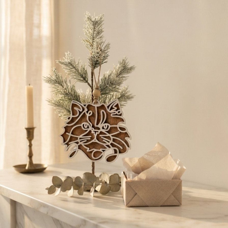 A decorative tabletop scene with a small frosted evergreen tree, a brown wooden cat-shaped ornament with white line art, eucalyptus sprigs, a candle in a brass holder, and a kraft paper gift box on a light marble surface against a warm cream background.